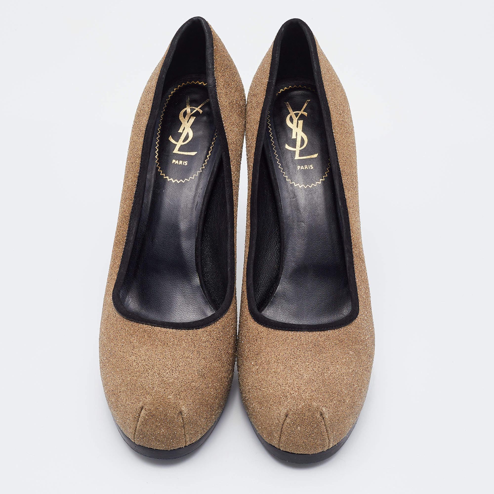 Marron Yves Saint Laurent - Escarpins à plateforme en daim Brown/Black Taille 41 en vente