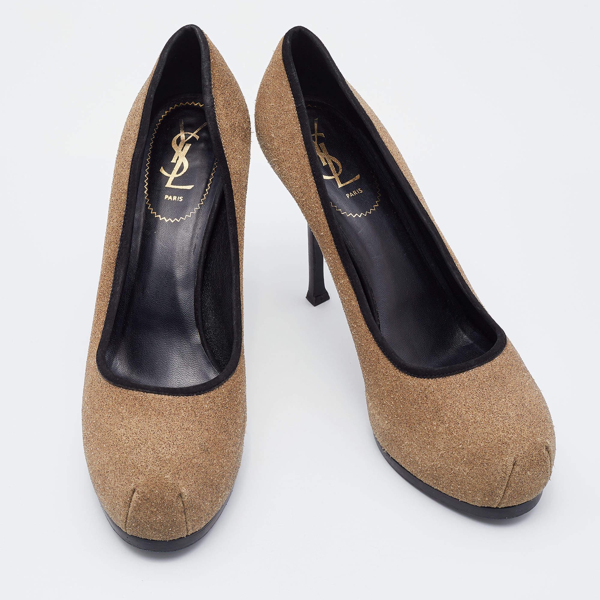 Yves Saint Laurent - Escarpins à plateforme en daim Brown/Black Taille 41 Bon état - En vente à Dubai, Al Qouz 2