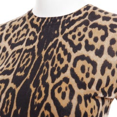 YVES SAINT LAURENT brown cashmere silk leopard logo crew knit sweater top S
