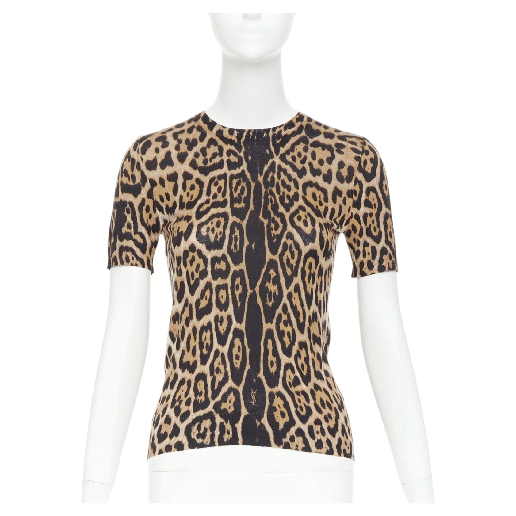 YVES SAINT LAURENT brown cashmere silk leopard logo crew knit sweater top S