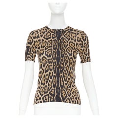 YVES SAINT LAURENT brown cashmere silk leopard logo crew knit sweater top S