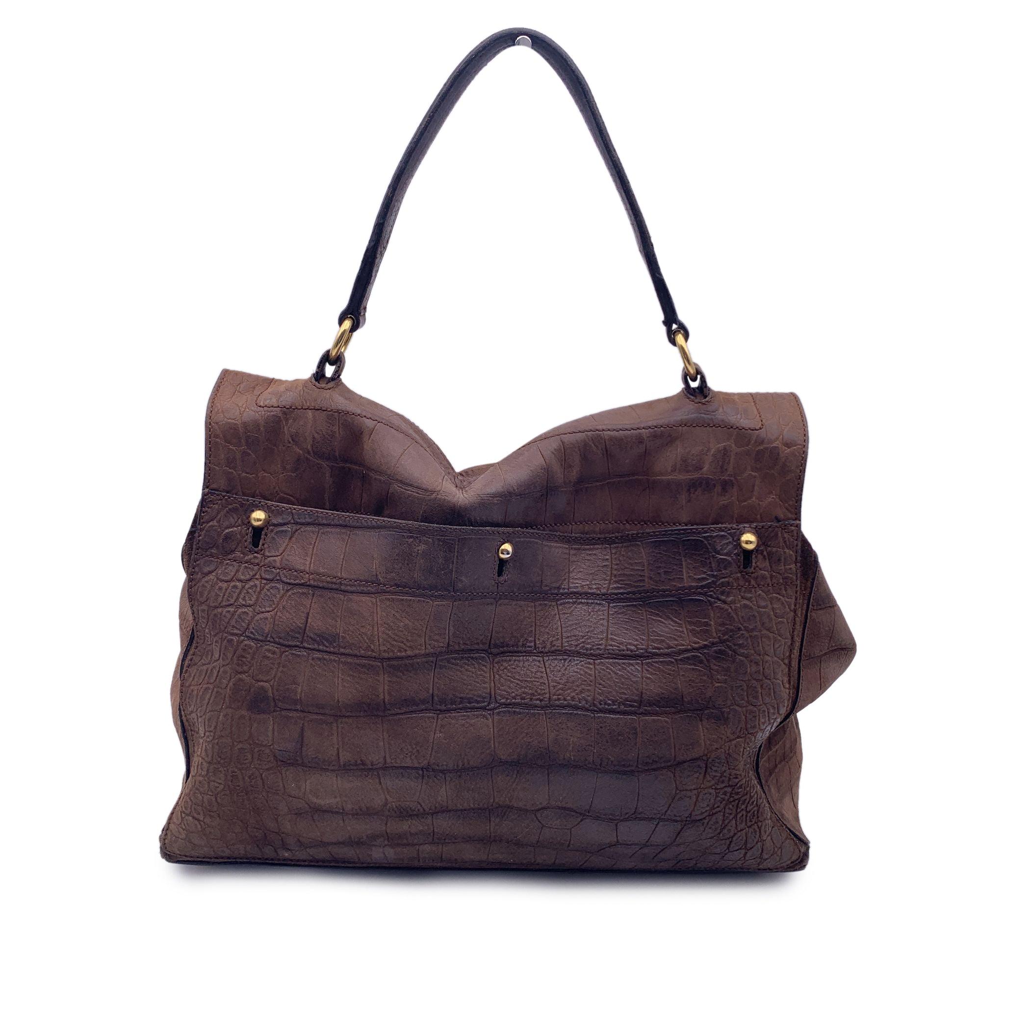 Yves Saint Laurent Brown Embossed Leather Muse 2 Two Satchel Bag In Good Condition In Rome, Rome