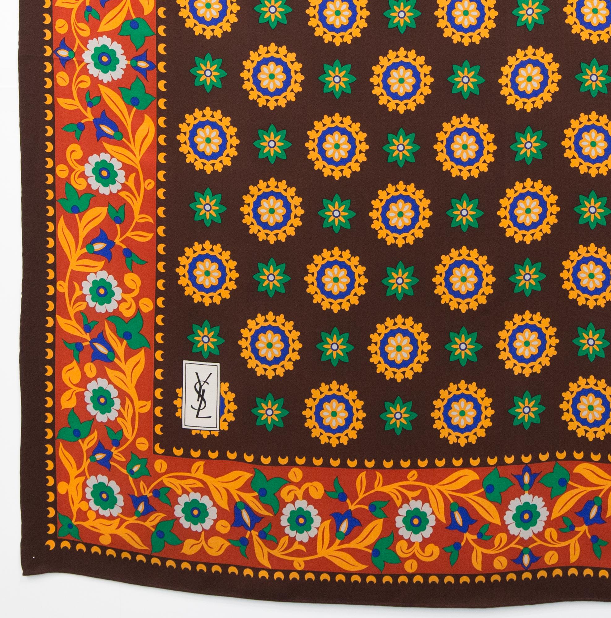 Black Yves Saint Laurent YSL Brown Ethnic Silk Scarf For Sale