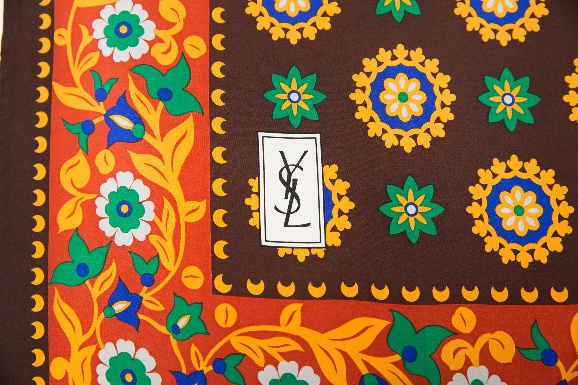 Women's or Men's Yves Saint Laurent YSL Brown Ethnic Silk Scarf  For Sale