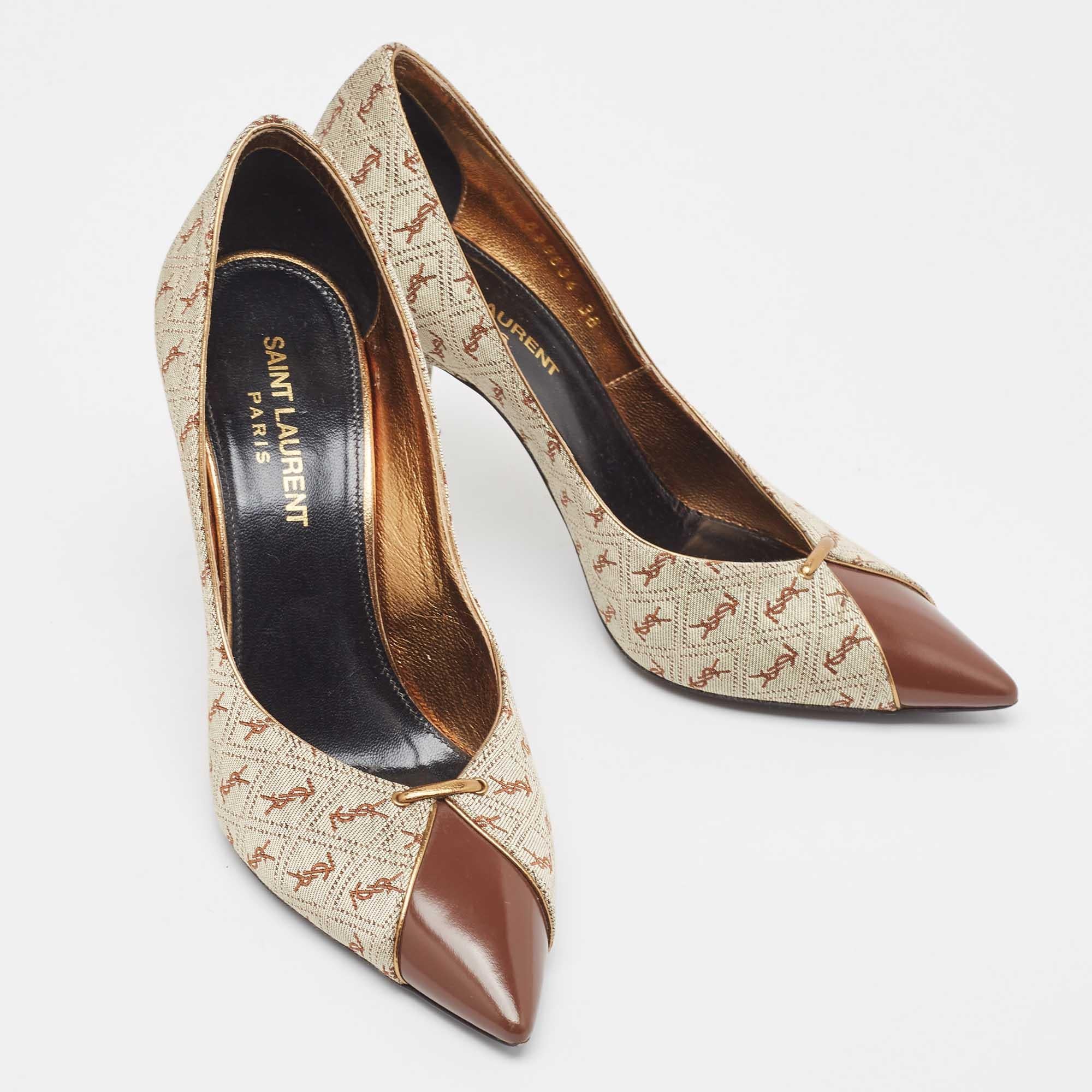 Yves Saint Laurent Brown/Grey Canvas and Leather Pointed Toe Pumps Size 36 In Good Condition In Dubai, Al Qouz 2