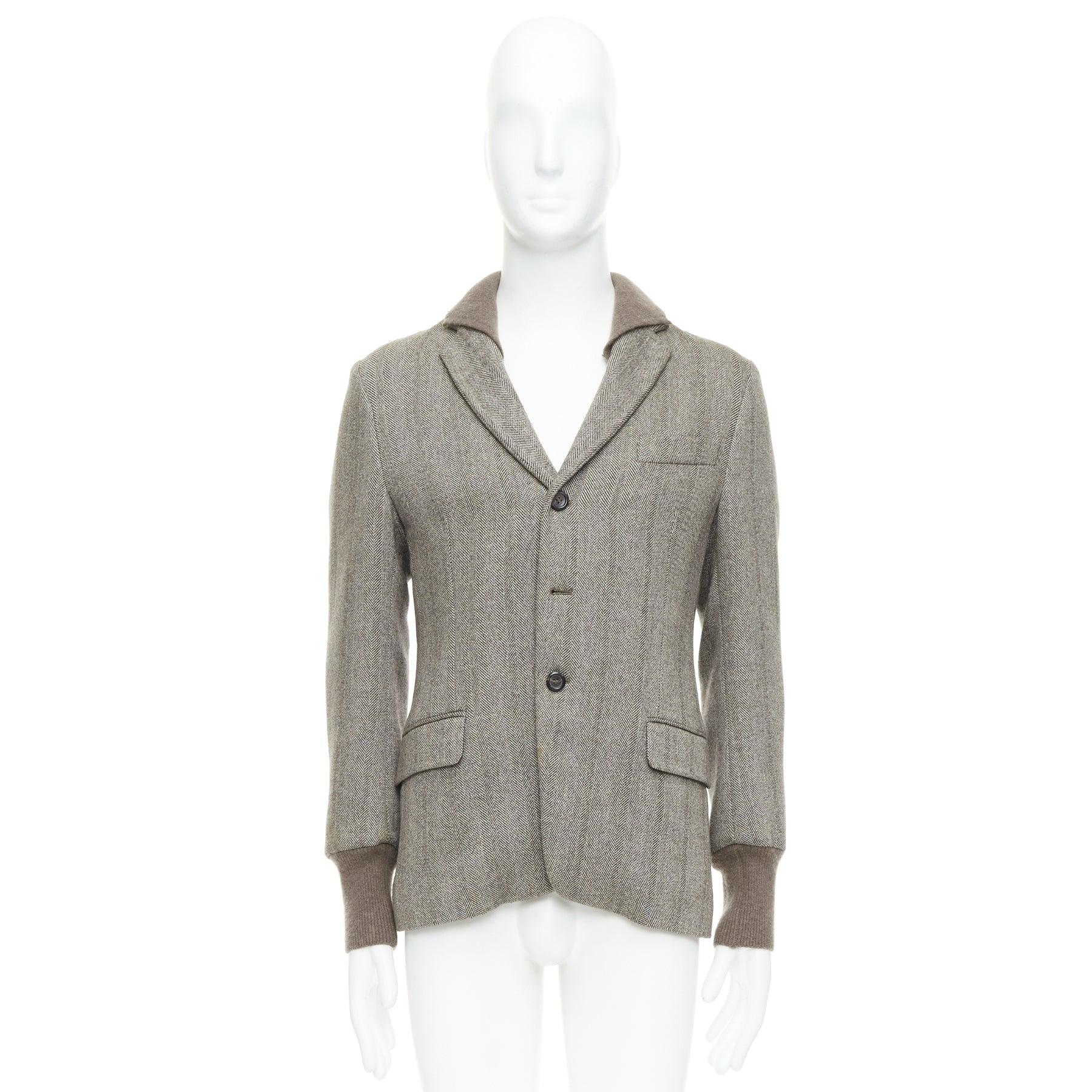 YVES SAINT LAURENT brown herringbone cashmere silk layered collar jacket FR48 M For Sale 6