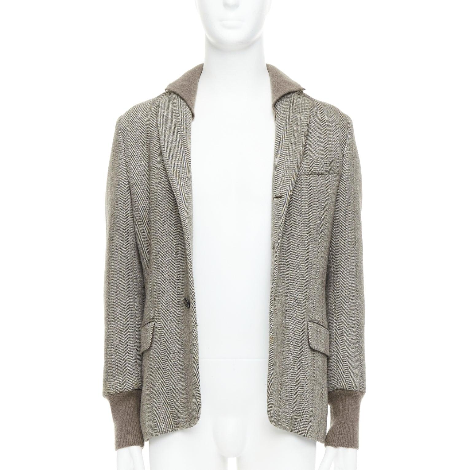 Gray YVES SAINT LAURENT brown herringbone cashmere silk layered collar jacket FR48 M For Sale