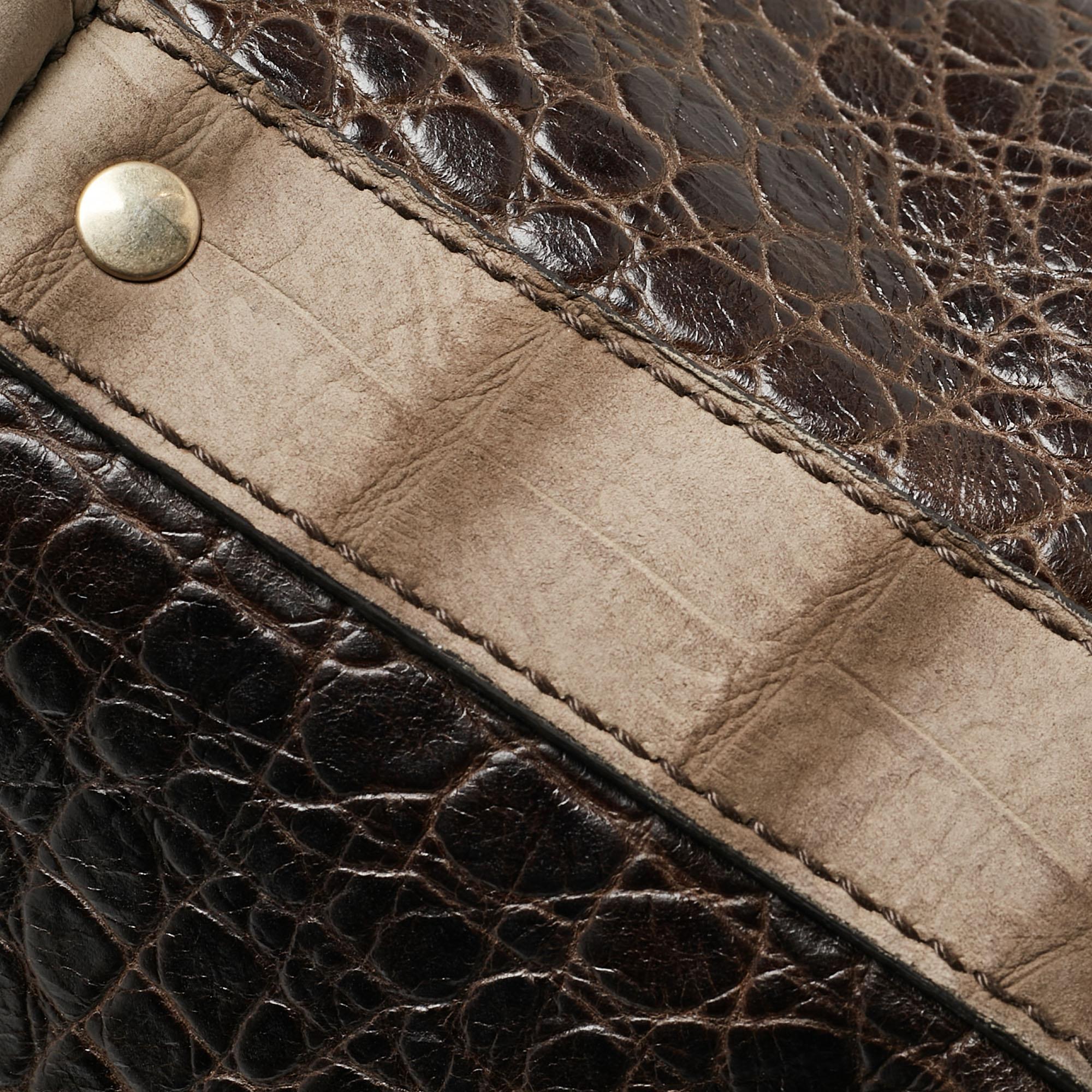 Yves Saint Laurent Brown/Khaki Croc Embossed Nubuck Oversized Muse Bag For Sale 8