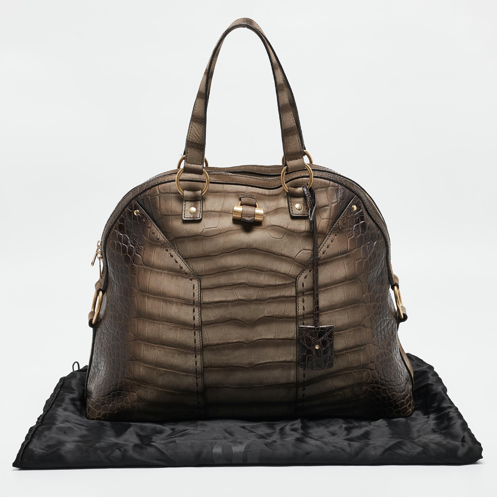 Yves Saint Laurent Brown/Khaki Croc Embossed Nubuck Oversized Muse Bag For Sale 13