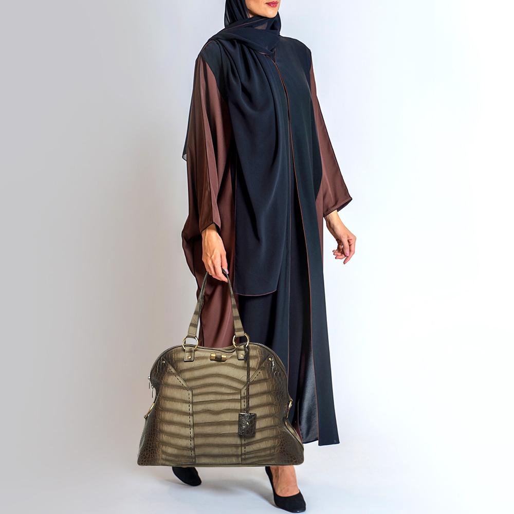 Yves Saint Laurent Brown/Khaki Croc Embossed Nubuck Oversized Muse Bag In Good Condition For Sale In Dubai, Al Qouz 2