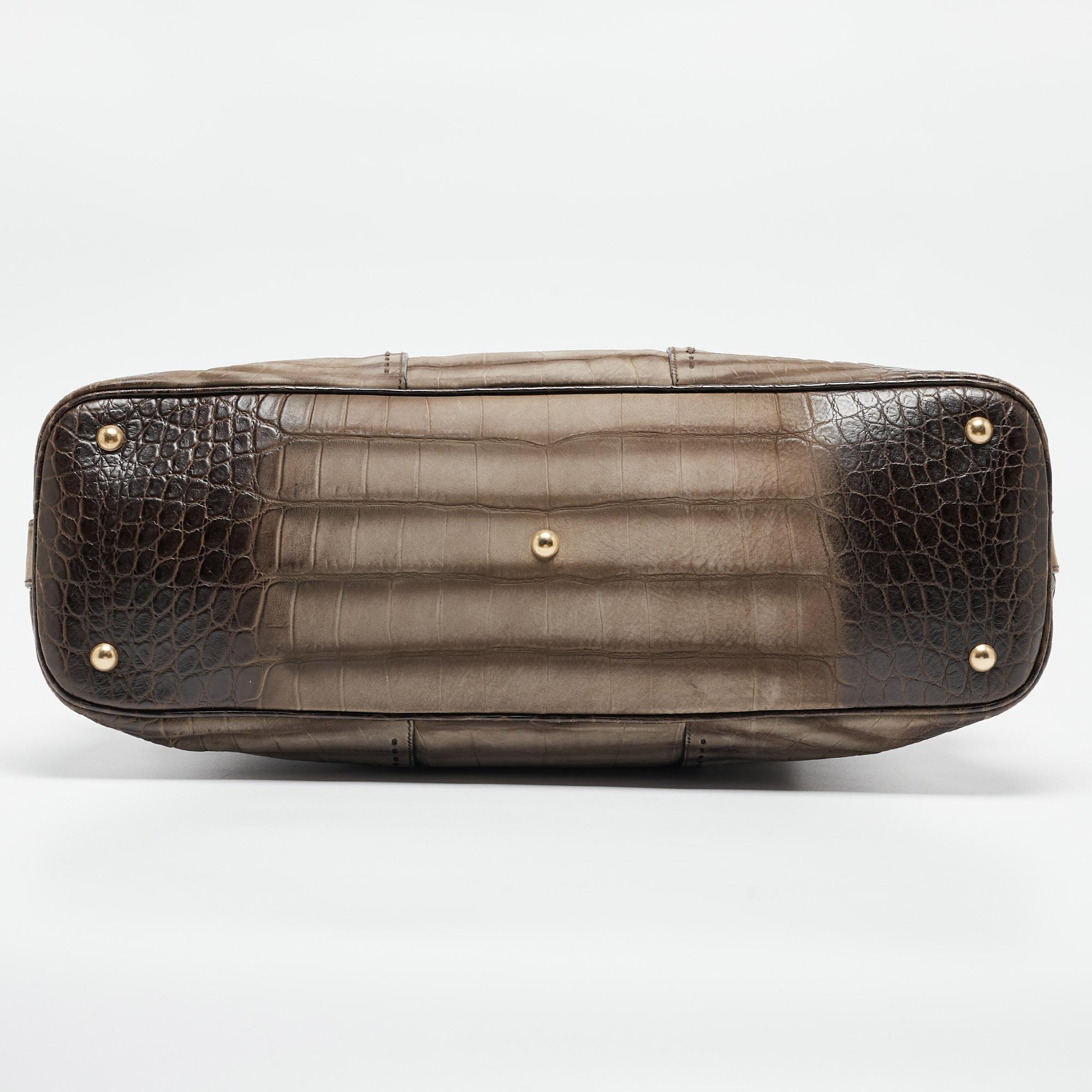 Yves Saint Laurent Brown/Khaki Croc Embossed Nubuck Oversized Muse Bag im Angebot 2