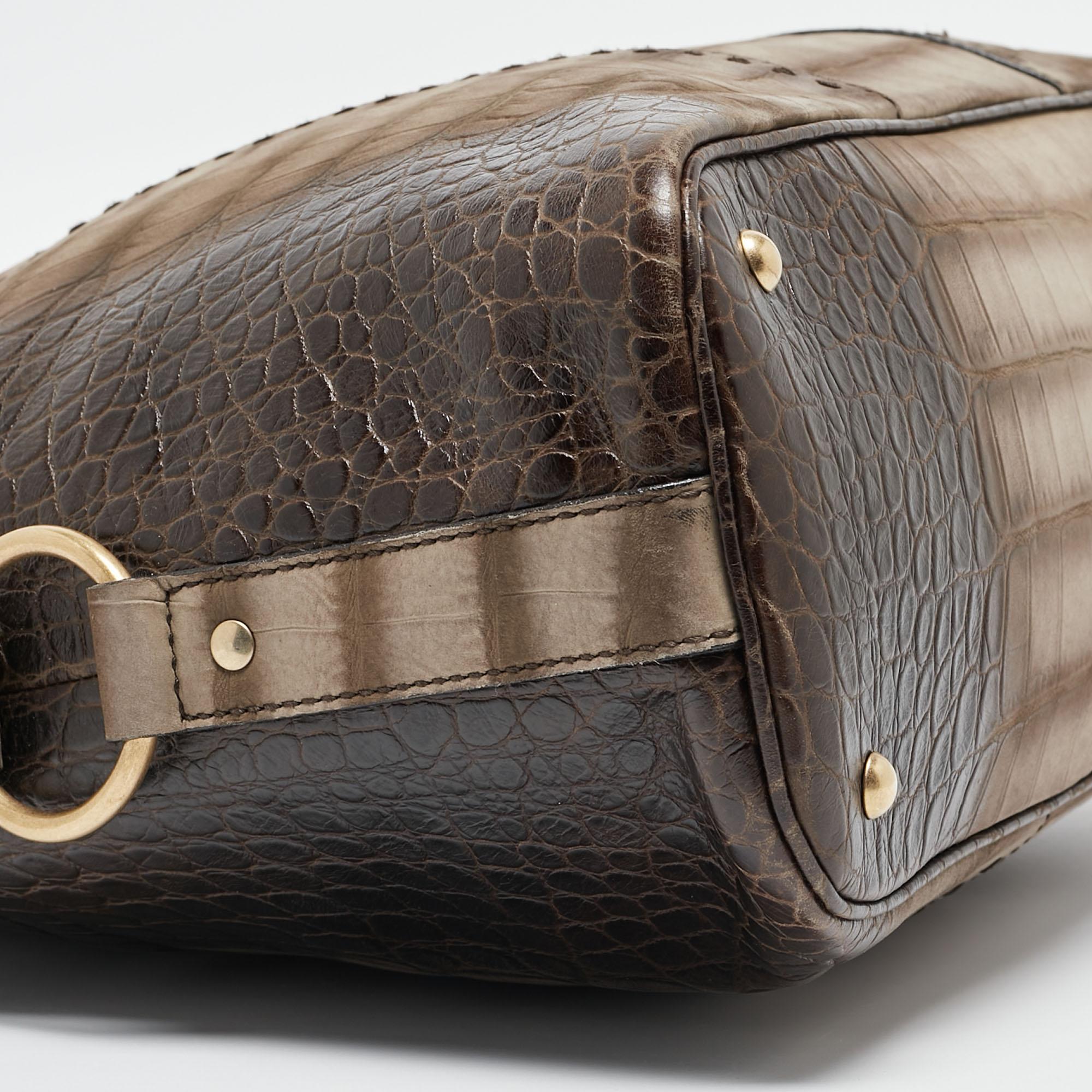 Yves Saint Laurent Brown/Khaki Croc Embossed Nubuck Oversized Muse Bag im Angebot 3