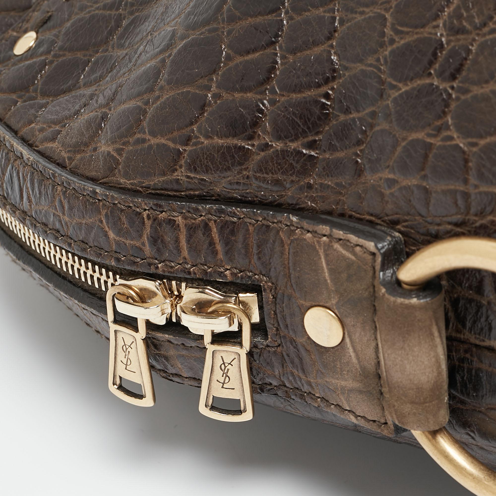 Yves Saint Laurent Brown/Khaki Croc Embossed Nubuck Oversized Muse Bag For Sale 4