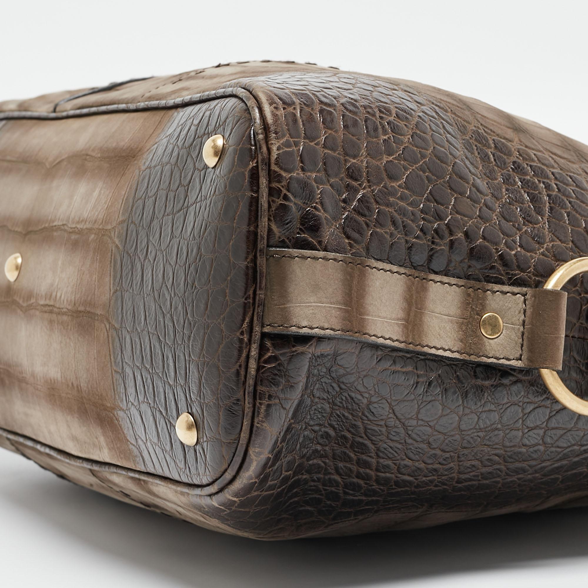 Yves Saint Laurent Brown/Khaki Croc Embossed Nubuck Oversized Muse Bag For Sale 5