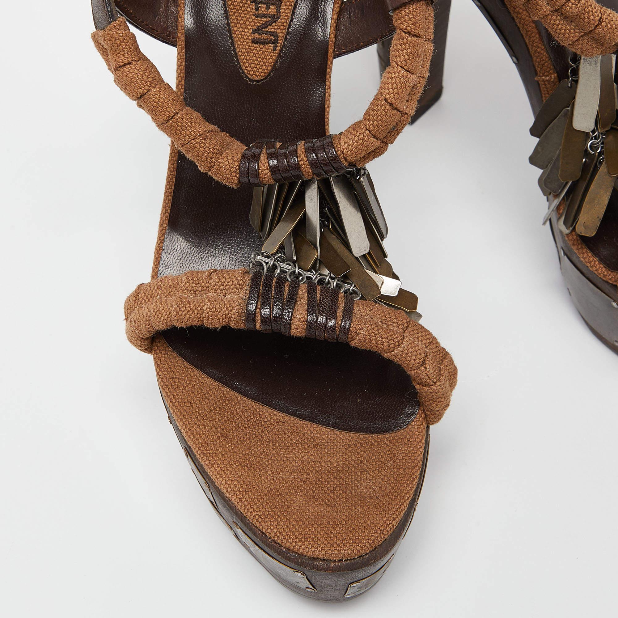Yves Saint Laurent Brown Leather and Canvas Embellished Platform Ankle Strap  1
