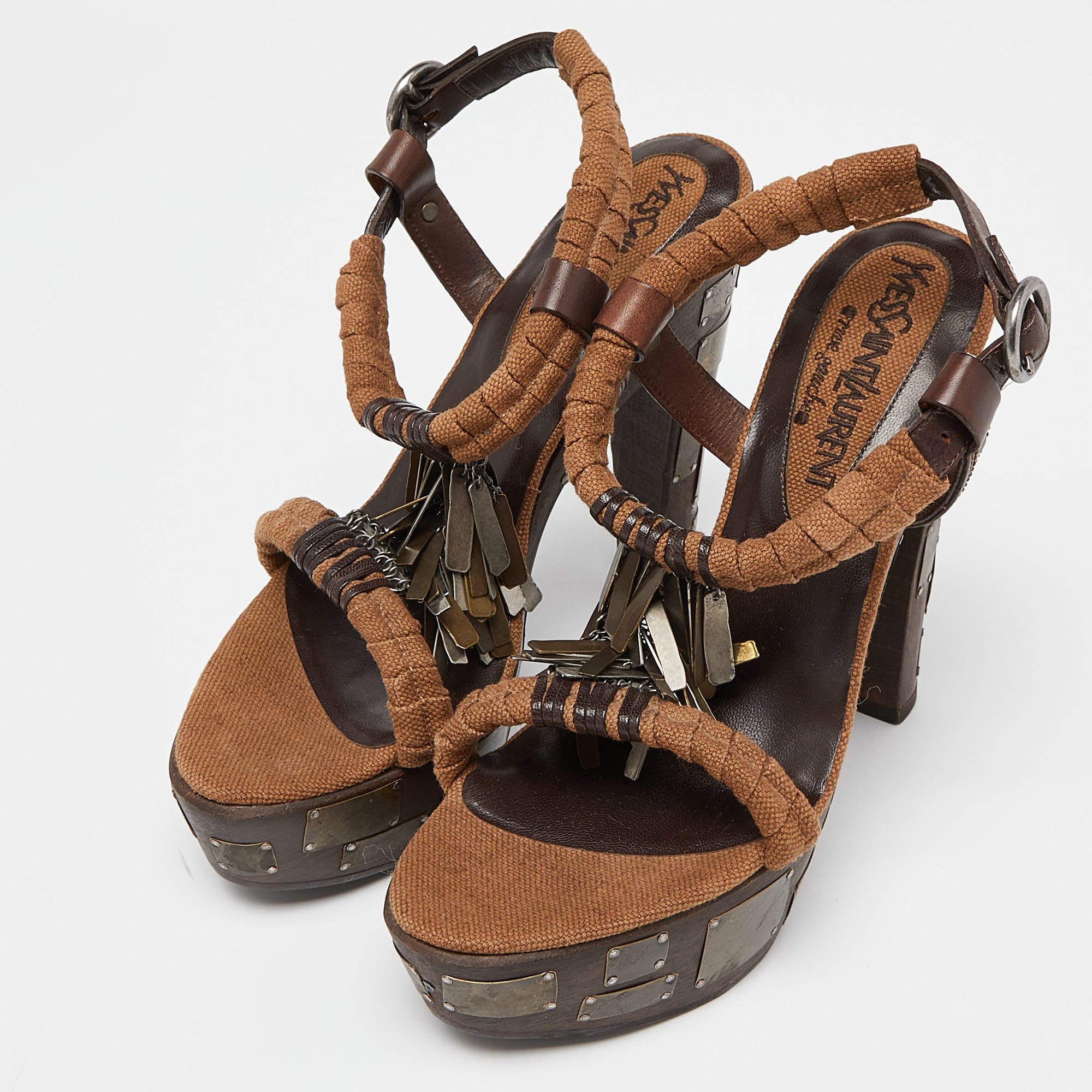 Yves Saint Laurent Brown Leather and Canvas Embellished Platform Ankle Strap  3