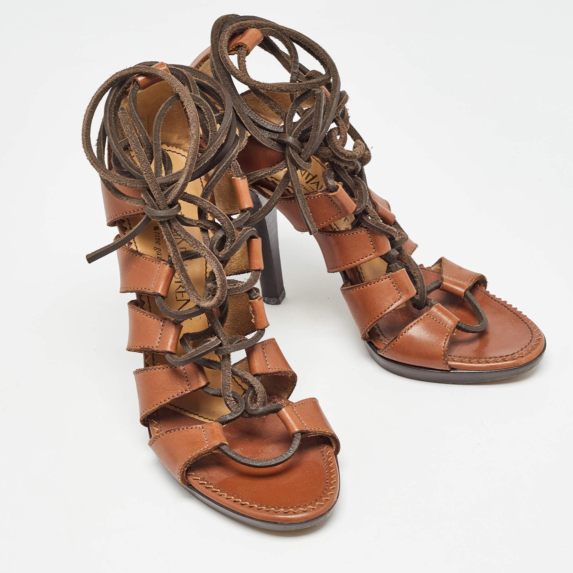 Women's Yves Saint Laurent Brown Leather Gladiator Sandals Size 37.5