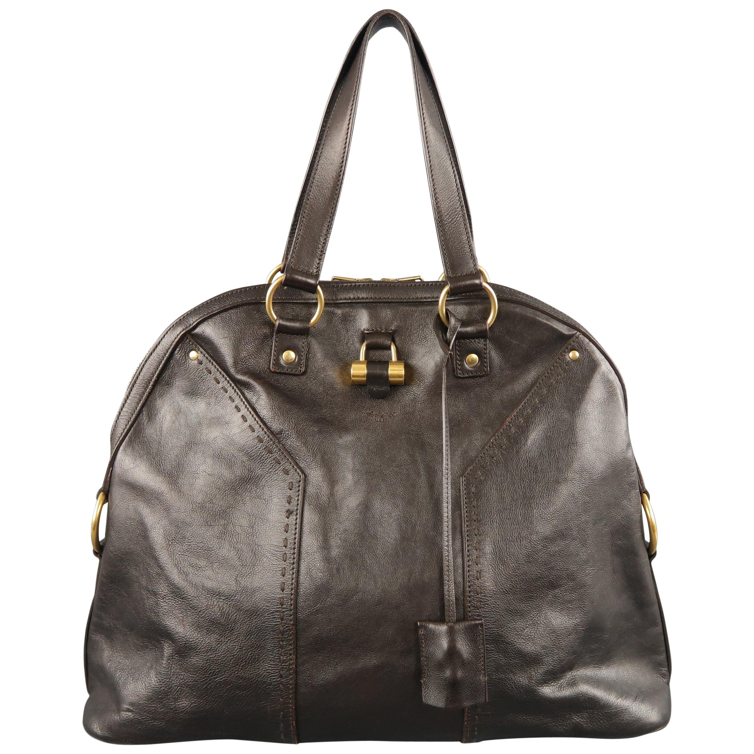 YVES SAINT LAURENT Brown Leather Gold Brass Hardware MUSE Tote Bag