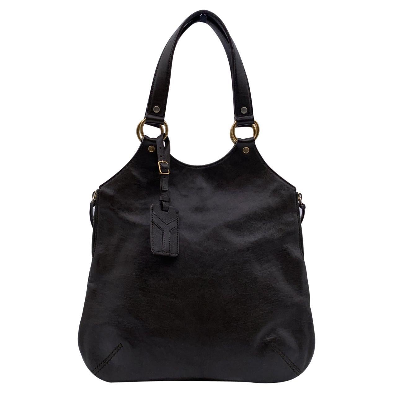 Yves Saint Laurent Brown Leather Downtown Tote Shoulder Bag For Sale at