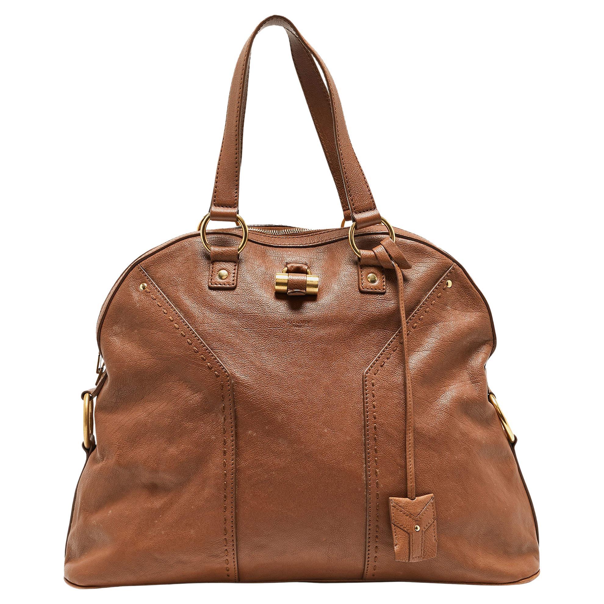 Yves Saint Laurent Brown Leather Oversized Muse Bag For Sale