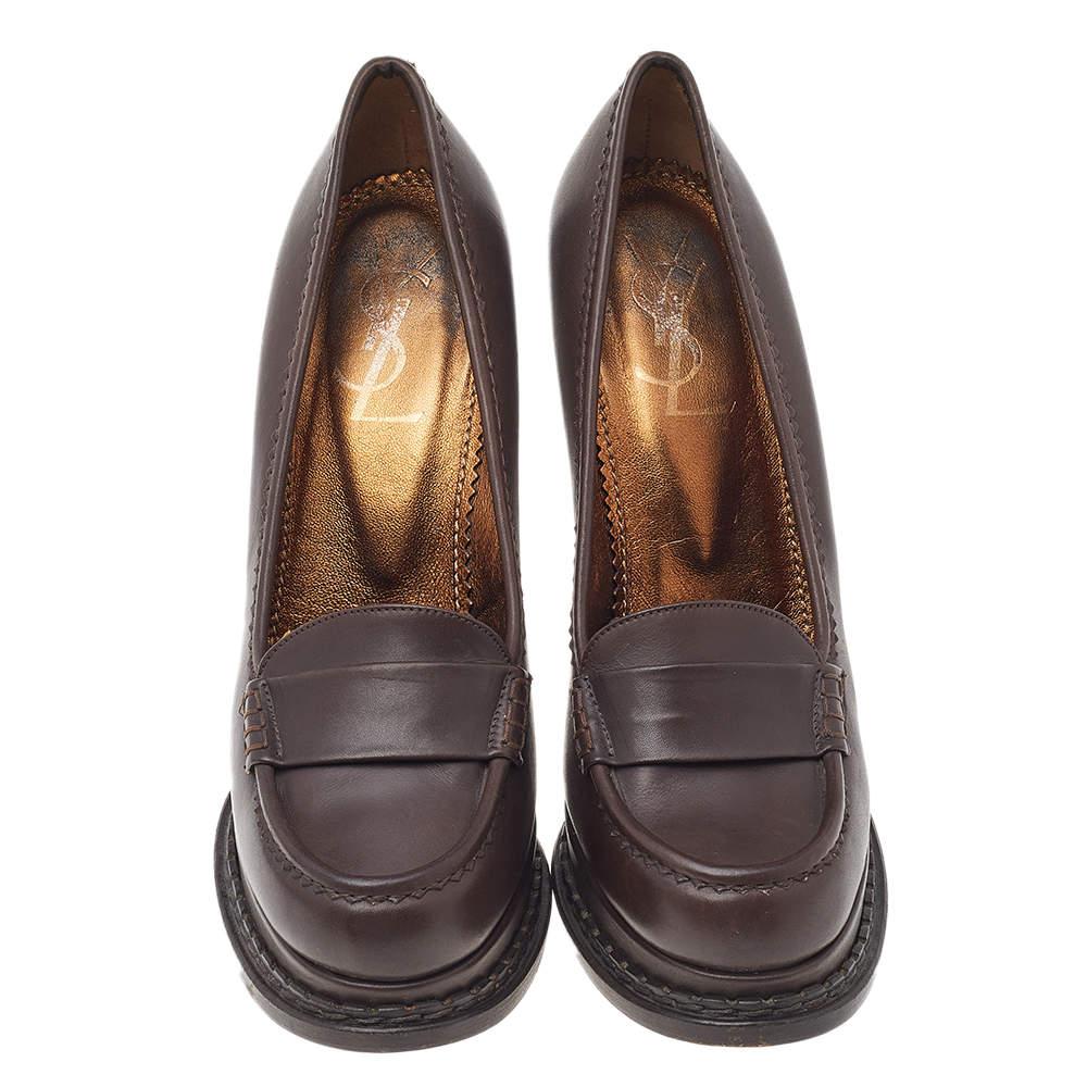 Black Yves Saint Laurent Brown Leather Tribtoo Penny Loafer Platform Pumps Size 39