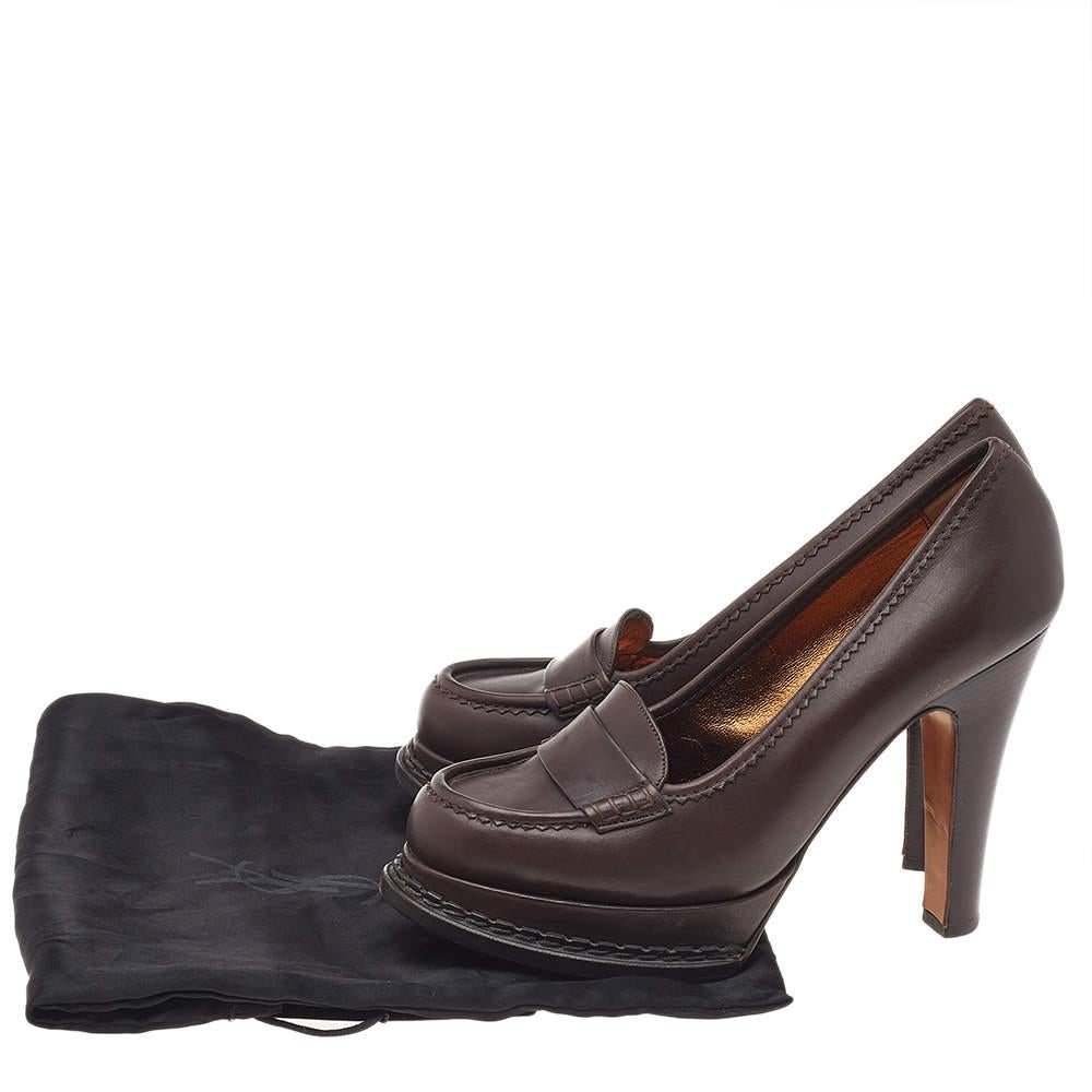 Yves Saint Laurent Brown Leather Tribtoo Penny Loafer Platform Pumps Size 39 3