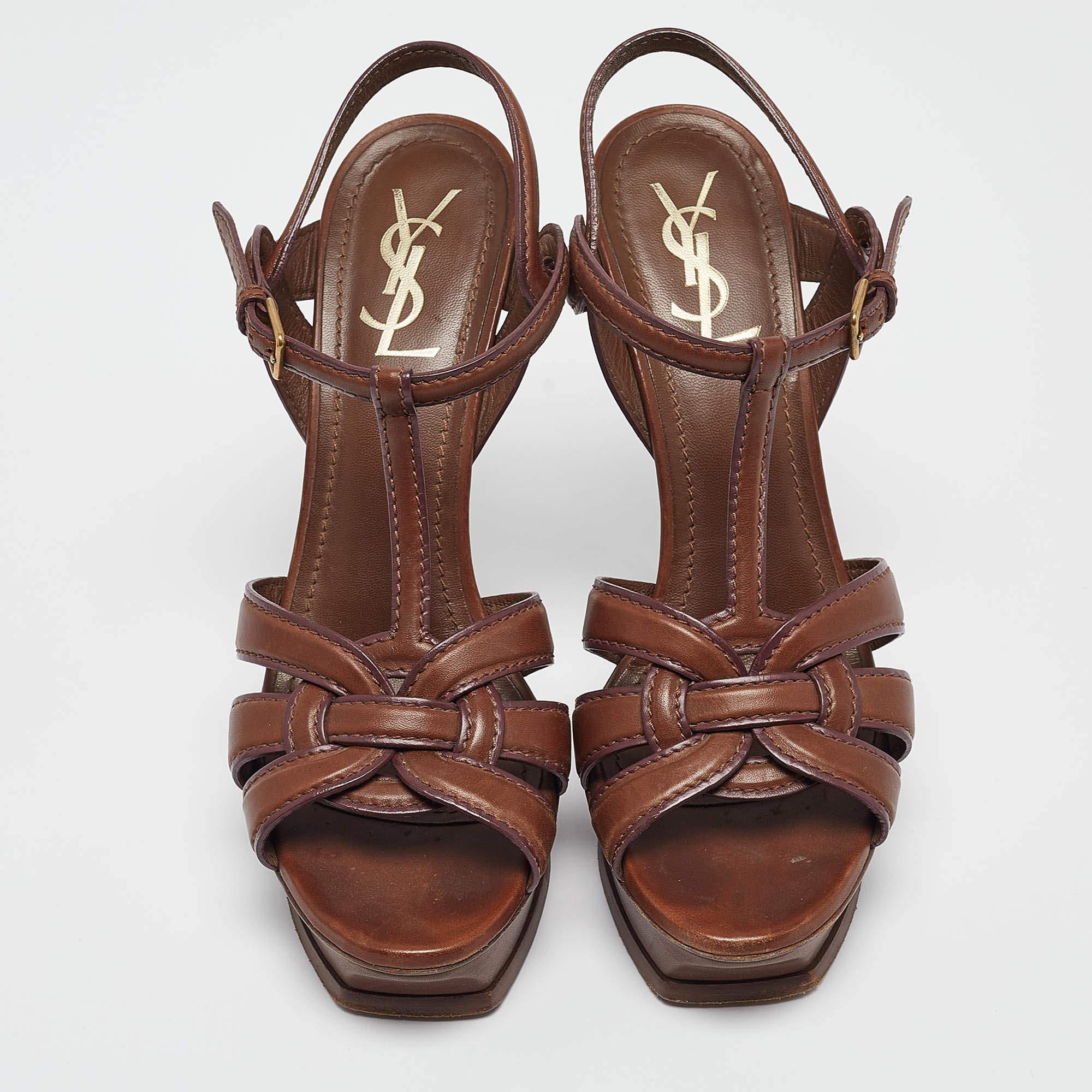 Yves Saint Laurent Brown Leather Tribute Sandals Size 40 In Good Condition In Dubai, Al Qouz 2