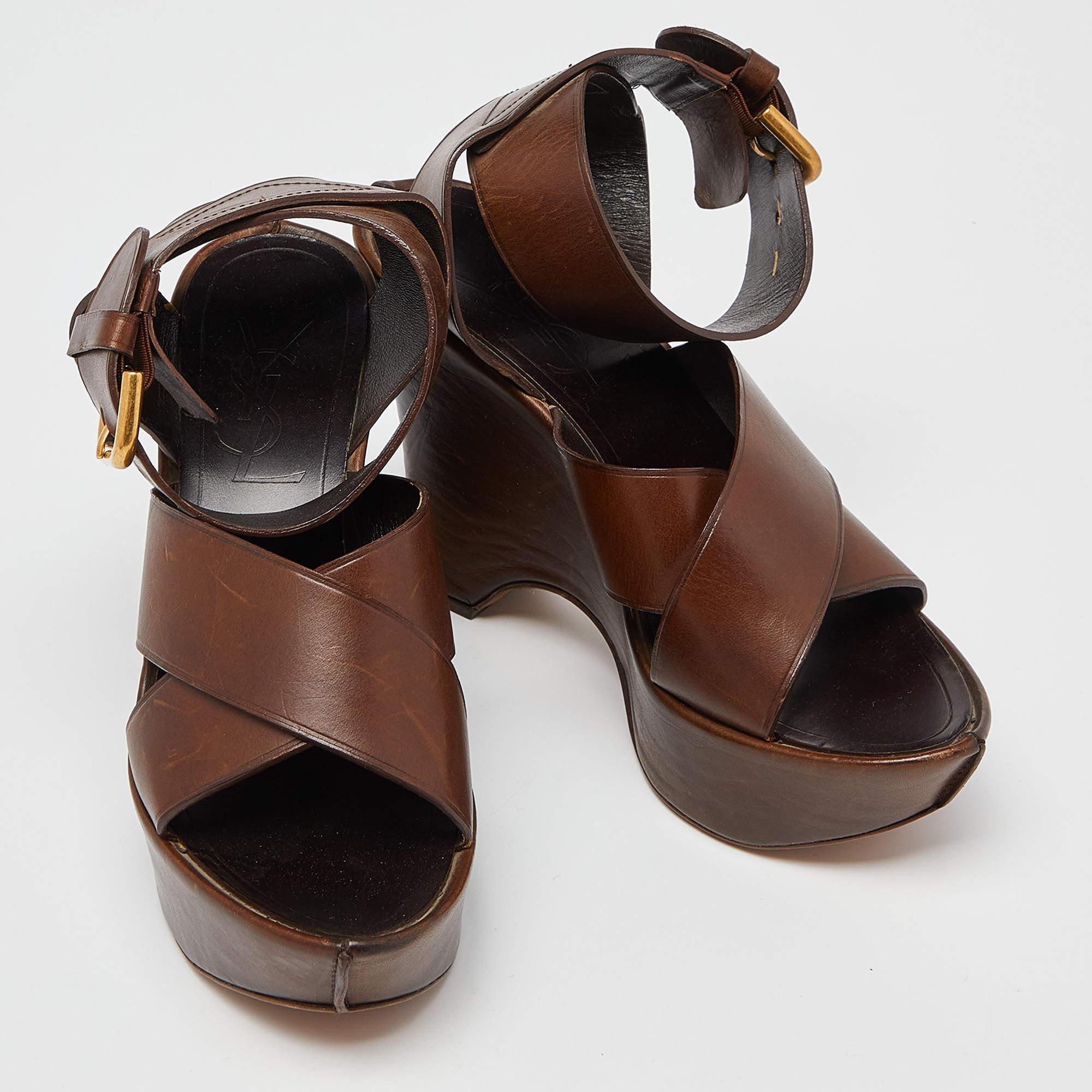 Black Yves Saint Laurent Brown Leather Wedge Platform Ankle Strap Sandals Size 38 For Sale