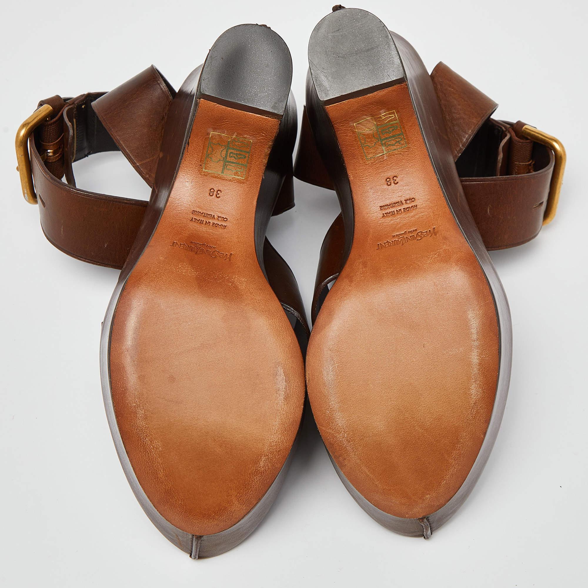 Yves Saint Laurent Brown Leather Wedge Platform Ankle Strap Sandals Size 38 For Sale 2