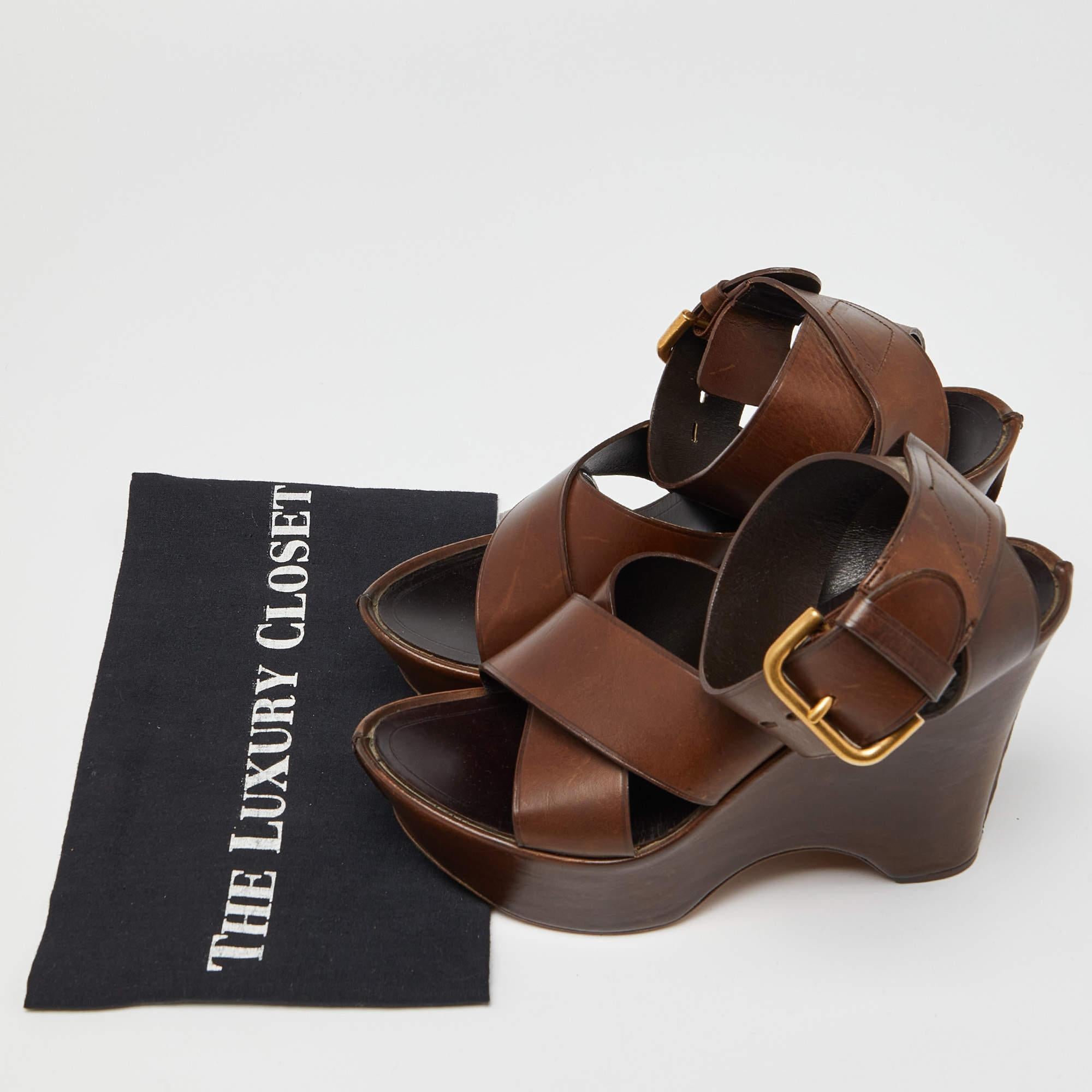Yves Saint Laurent Brown Leather Wedge Platform Ankle Strap Sandals Size 38 For Sale 4
