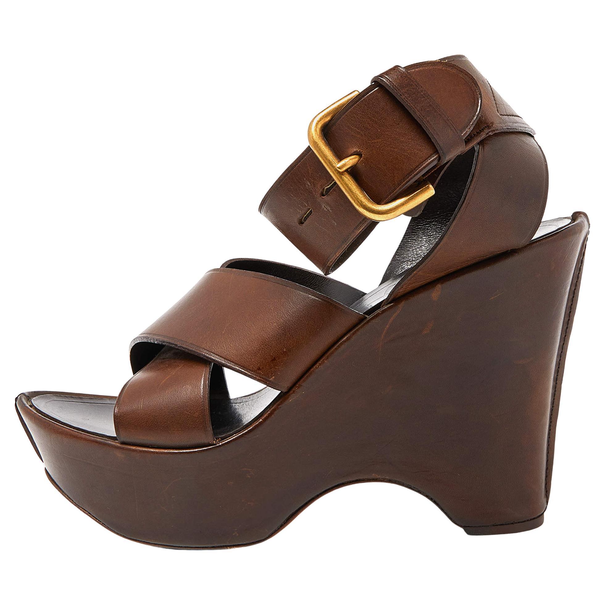 Yves Saint Laurent Brown Leather Wedge Platform Ankle Strap Sandals Size 38 For Sale