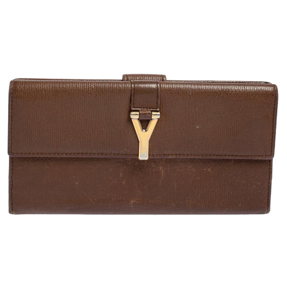 Yves Saint Laurent Brown Leather Y Ligne Flap Continental Wallet For Sale