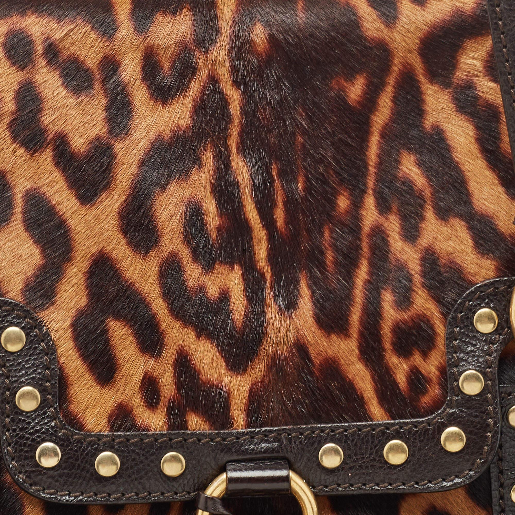 Yves Saint Laurent Brown Leopard Print Calfhair and Leather Studded Flap Satchel 11
