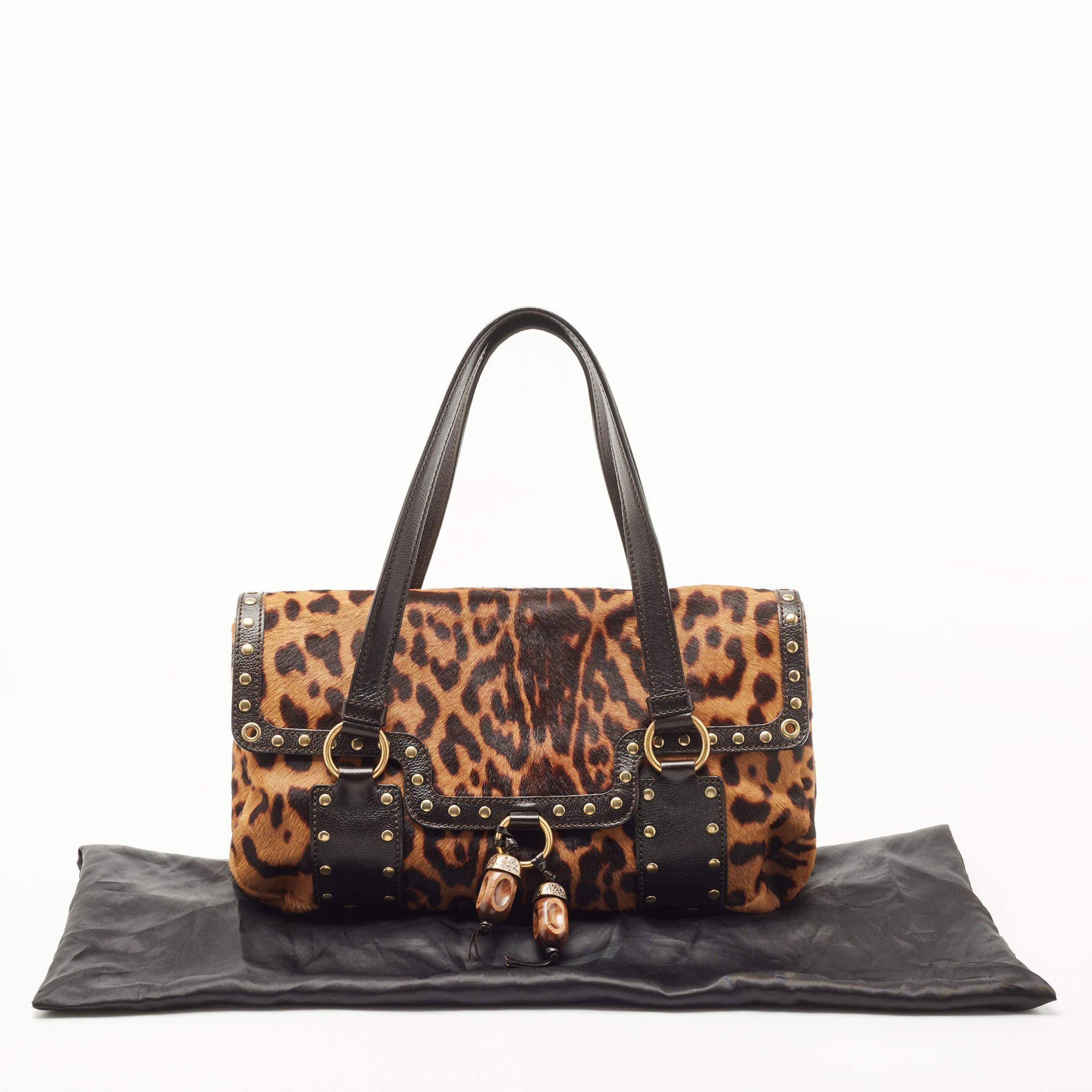 Yves Saint Laurent Brown Leopard Print Calfhair and Leather Studded Flap Satchel 12