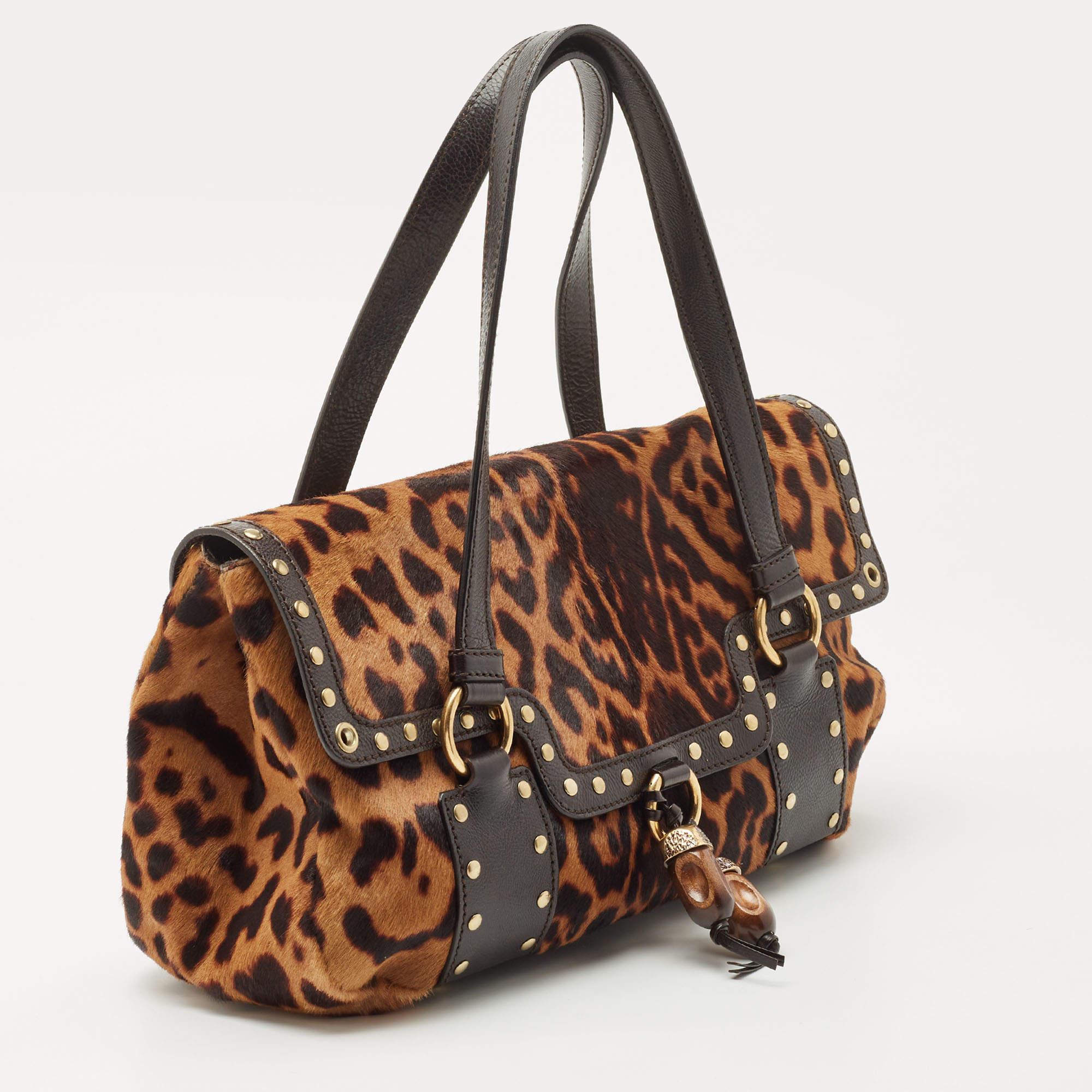 Women's Yves Saint Laurent Brown Leopard Print Calfhair and Leather Studded Flap Satchel