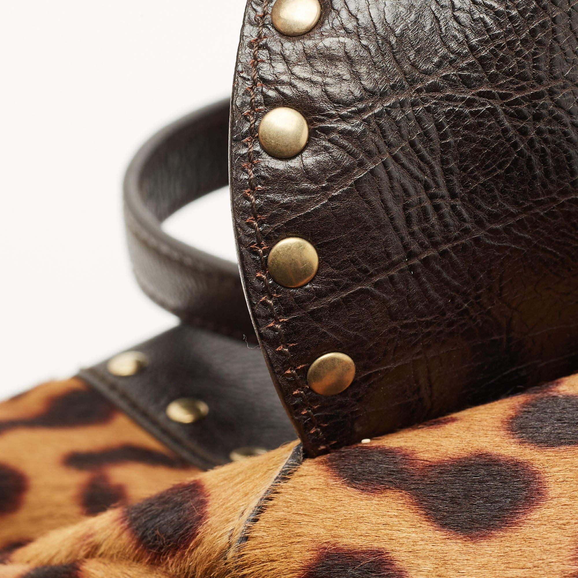 Yves Saint Laurent Brown Leopard Print Calfhair and Leather Studded Flap Satchel 3