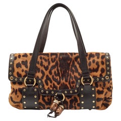 Yves Saint Laurent Brown Leopard Print Calfhair and Leather Studded Flap Satchel