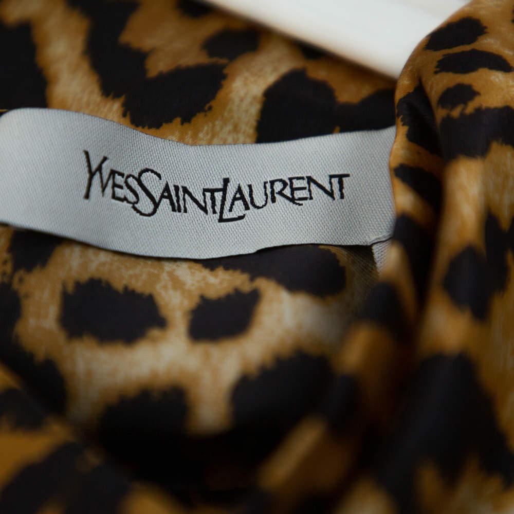 Yves Saint Laurent Brown Leopard Printed Silk Satin Cowl Neck Detail Shift Dress In Excellent Condition For Sale In Dubai, Al Qouz 2