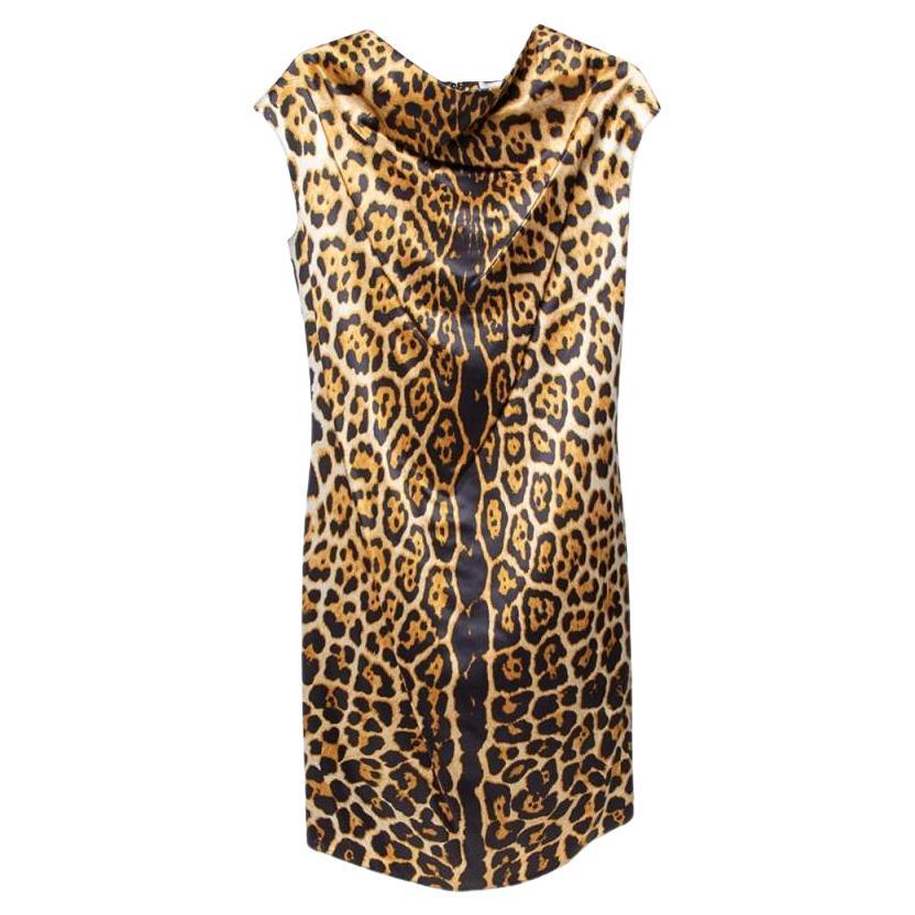 Yves Saint Laurent Brown Leopard Printed Silk Satin Cowl Neck Detail Shift Dress For Sale