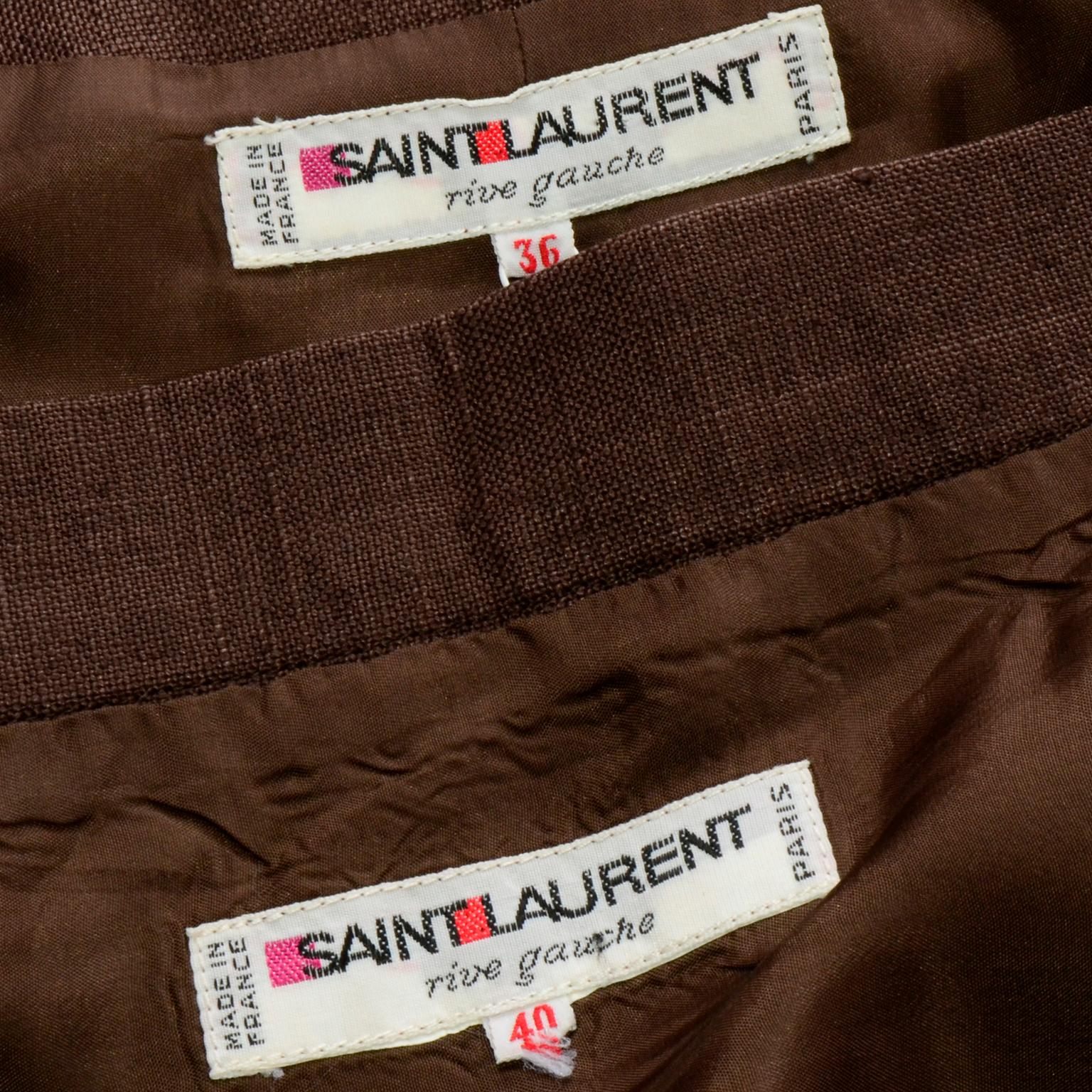 Yves Saint Laurent Braune bestickte Leinenmischung Cropped Jacke & Rock Anzug im Angebot 5