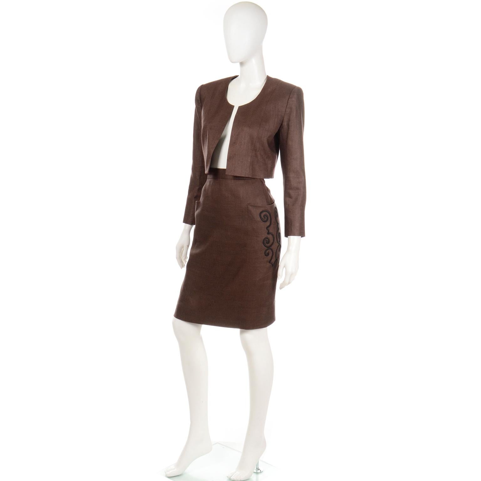 Black Yves Saint Laurent Brown Linen Blend Embroidered Cropped Jacket & Skirt Suit For Sale