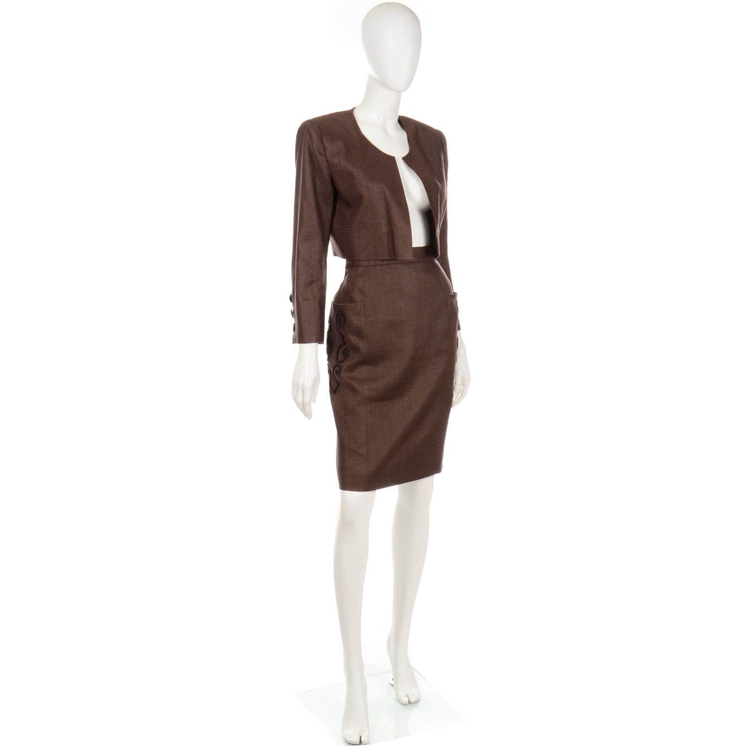 Yves Saint Laurent Brown Linen Blend Embroidered Cropped Jacket & Skirt Suit In Excellent Condition For Sale In Portland, OR