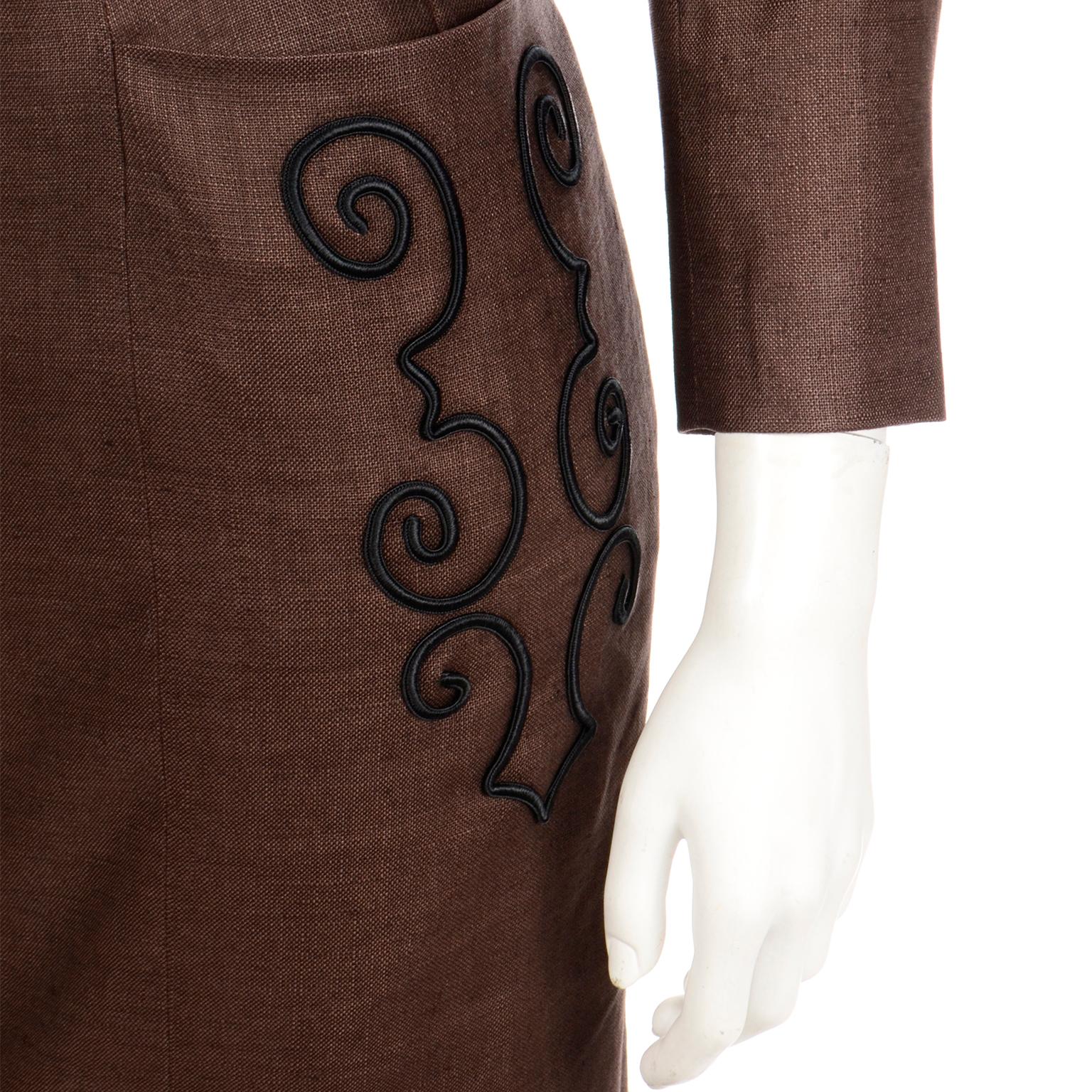 Yves Saint Laurent Brown Linen Blend Embroidered Cropped Jacket & Skirt Suit For Sale 3