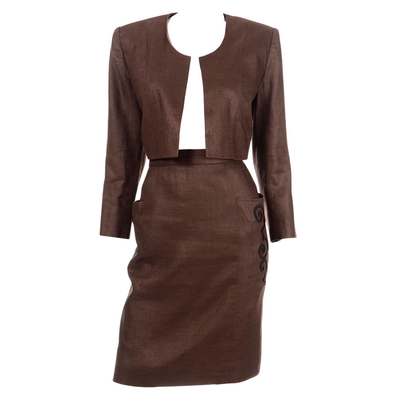 Yves Saint Laurent Brown Linen Blend Embroidered Cropped Jacket & Skirt Suit