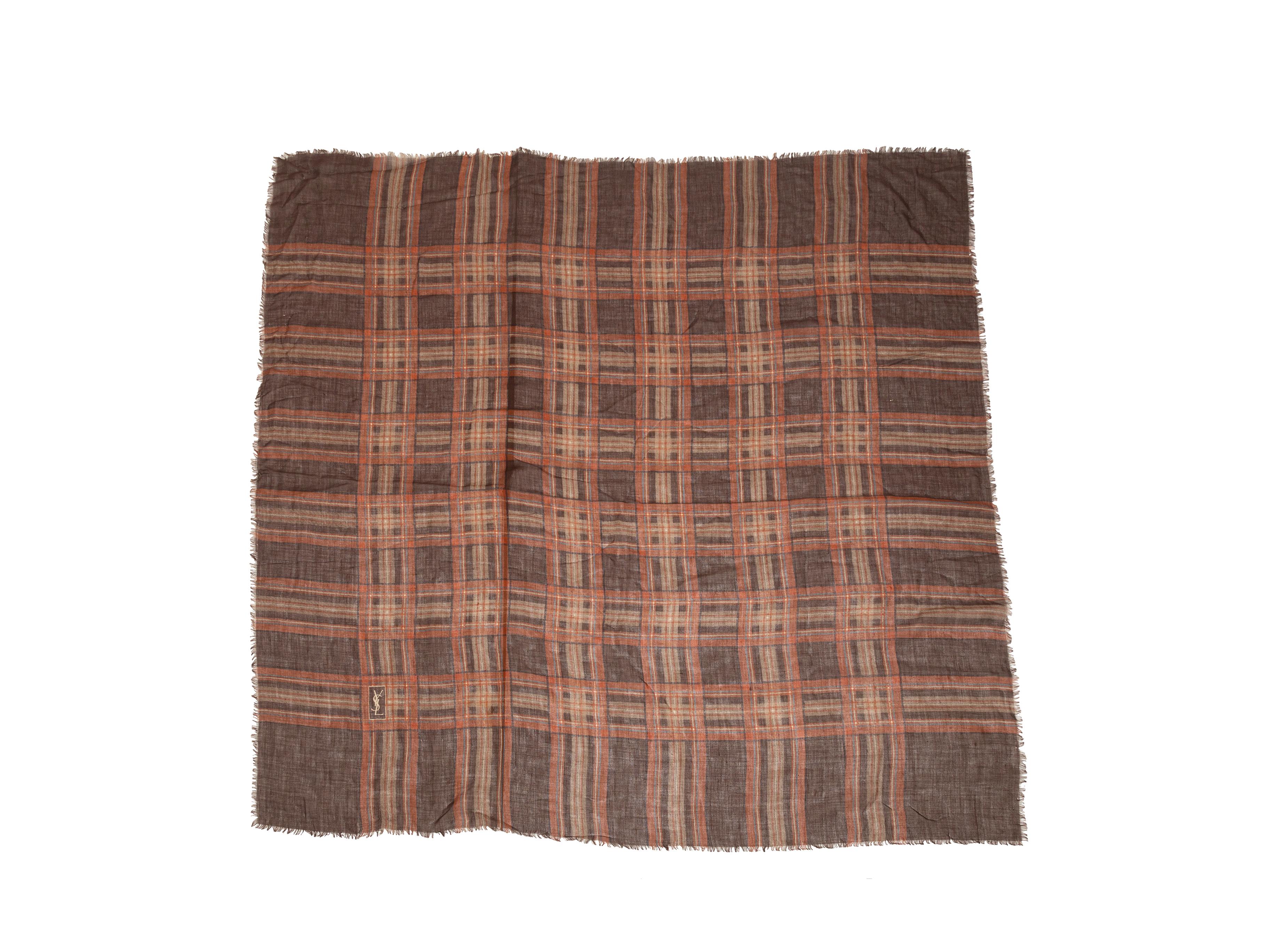 Product details: Vintage brown and multicolor plaid print scarf by Yves Saint Laurent. 53