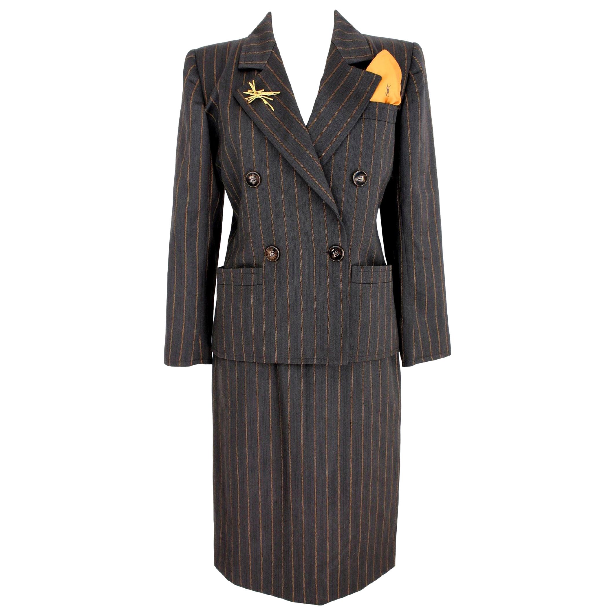 Yves Saint Laurent Brown Pinstripe Skirt Suit Dress 1980s Rive Gauce Collection