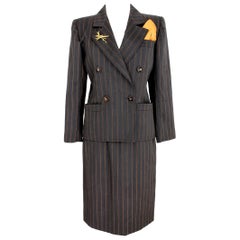 Yves Saint Laurent Brown Pinstripe Skirt Suit Dress 1980s Rive Gauce Collection