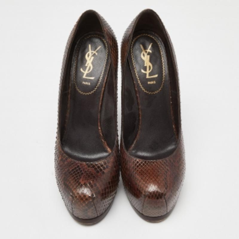 Black Yves Saint Laurent Brown Python Cap Toe Tribtoo Platform Pumps Size 39 For Sale