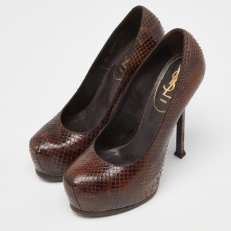 Yves Saint Laurent Brown Python Cap Toe Tribtoo Platform Pumps Size 39 In Fair Condition For Sale In Dubai, Al Qouz 2
