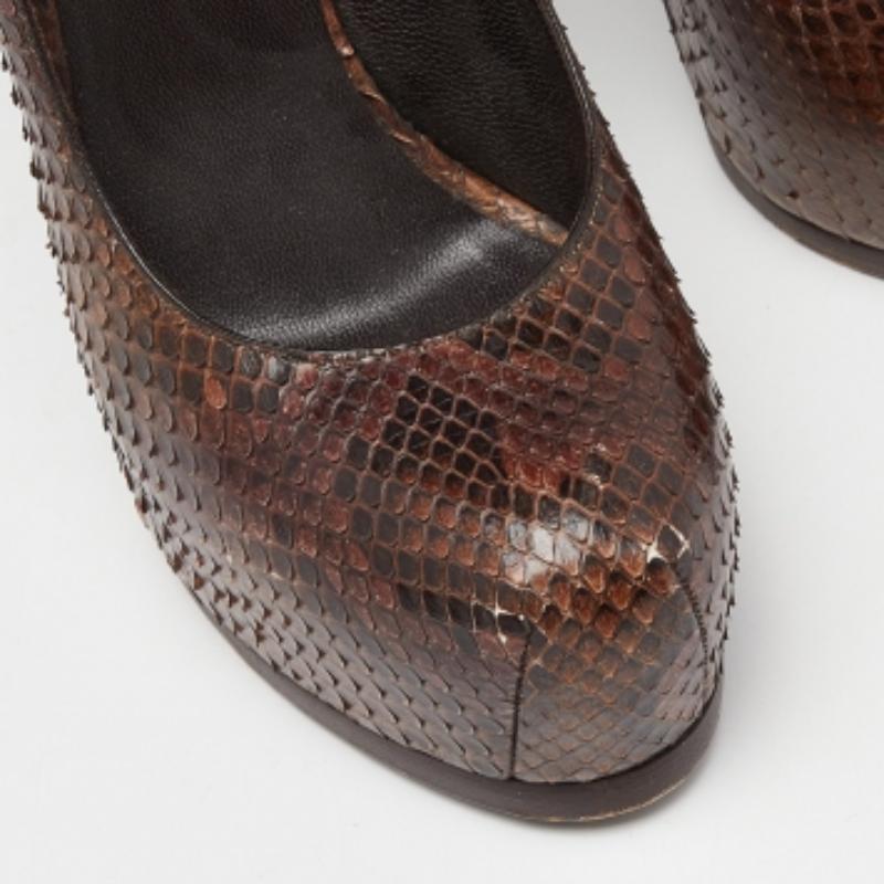 Women's Yves Saint Laurent Brown Python Cap Toe Tribtoo Platform Pumps Size 39 For Sale